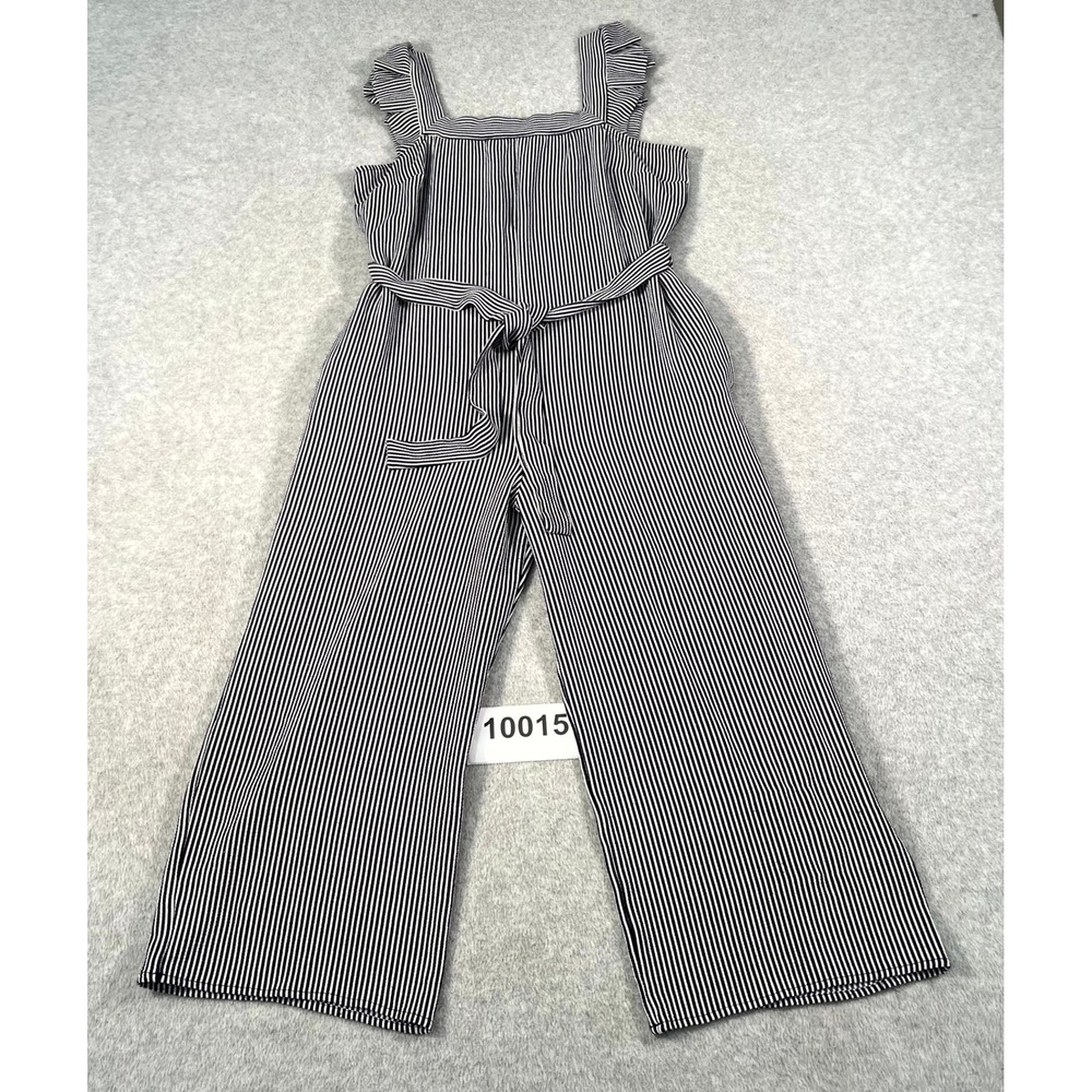 Monteau Jumpsuit Women Small Black White Excellent Ruffle Stripe Wide Leg